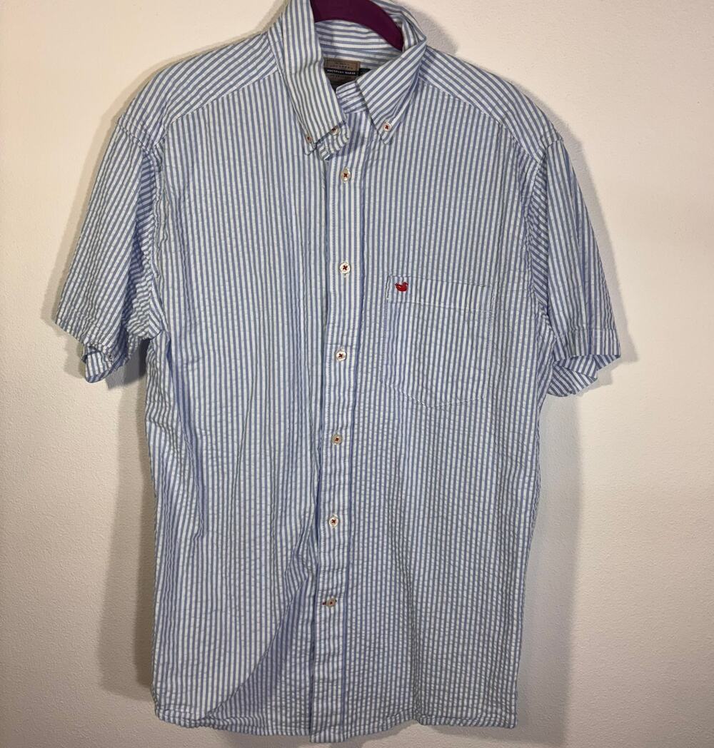Southern Marsh Blue White Stripe Button Down Shirt Mens Medium Cotton
